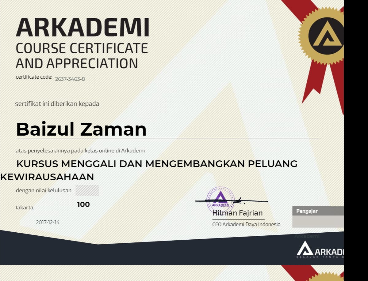 Sertifikat untuk Siswa Baizul Zaman Arkademi